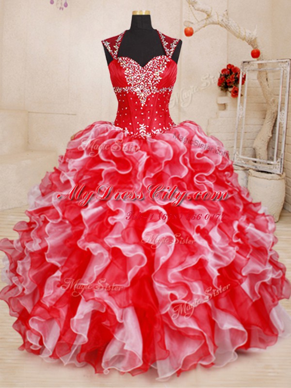 Popular White and Red Organza Lace Up Straps Sleeveless Floor Length Quinceanera Dress Beading and Ruffles