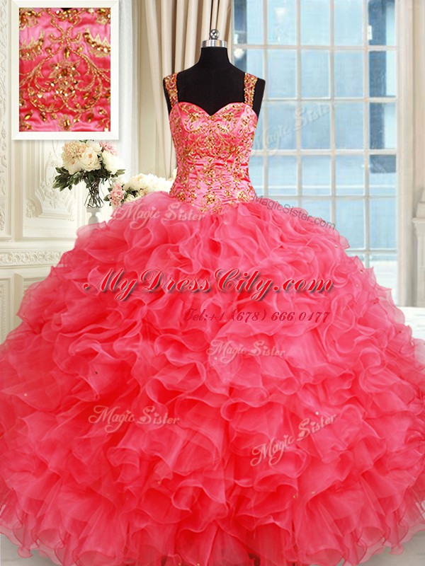 Charming Coral Red Ball Gowns Organza Straps Sleeveless Beading and Ruffles Floor Length Lace Up Ball Gown Prom Dress