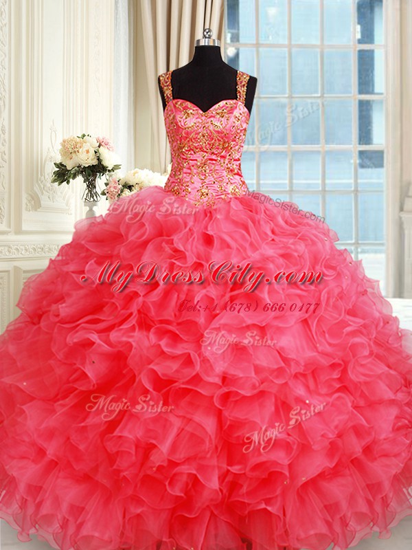 Charming Coral Red Ball Gowns Organza Straps Sleeveless Beading and Ruffles Floor Length Lace Up Ball Gown Prom Dress