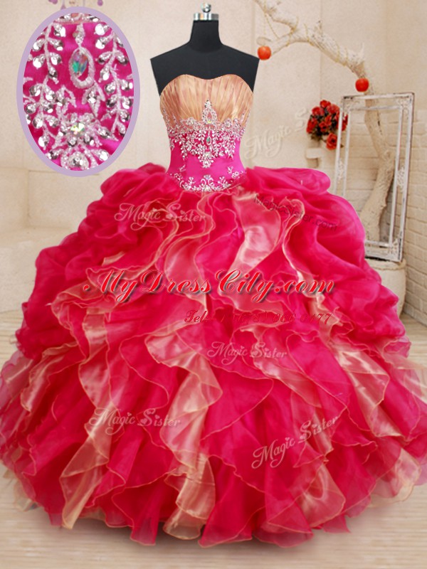 Red Sleeveless Floor Length Beading and Ruffles Lace Up 15th Birthday Dress