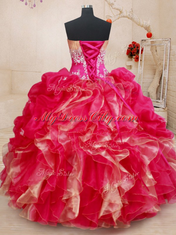 Red Sleeveless Floor Length Beading and Ruffles Lace Up 15th Birthday Dress