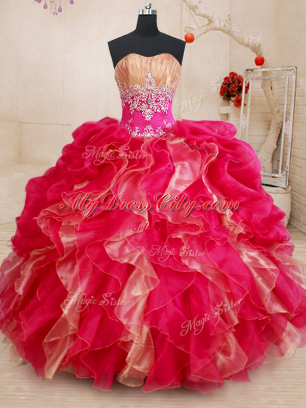 Red Sleeveless Floor Length Beading and Ruffles Lace Up 15th Birthday Dress