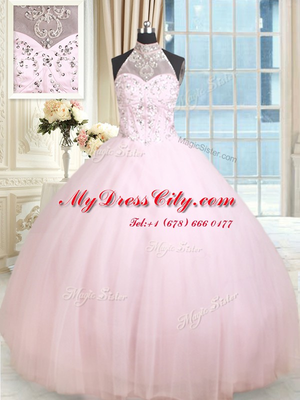 High Class Halter Top Baby Pink Tulle Lace Up 15 Quinceanera Dress Sleeveless Floor Length Beading