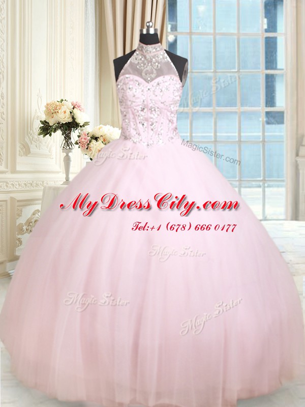 High Class Halter Top Baby Pink Tulle Lace Up 15 Quinceanera Dress Sleeveless Floor Length Beading