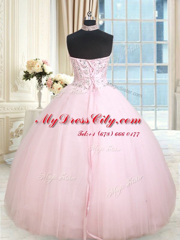 High Class Halter Top Baby Pink Tulle Lace Up 15 Quinceanera Dress Sleeveless Floor Length Beading