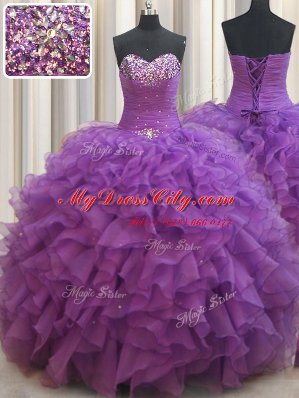 Clearance Beading and Ruffles Ball Gown Prom Dress Eggplant Purple Lace Up Sleeveless Floor Length