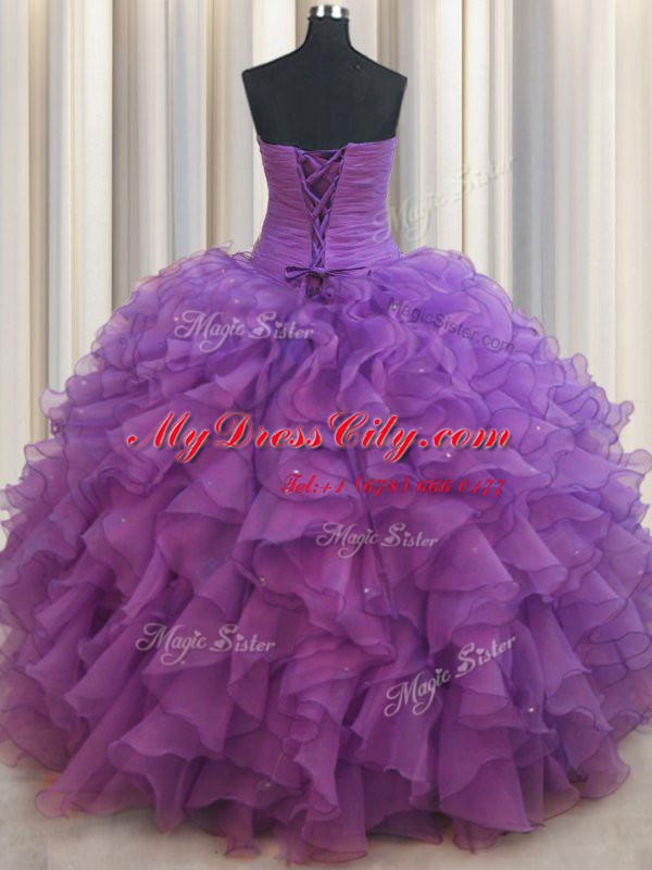 Clearance Beading and Ruffles Ball Gown Prom Dress Eggplant Purple Lace Up Sleeveless Floor Length