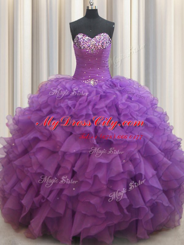 Clearance Beading and Ruffles Ball Gown Prom Dress Eggplant Purple Lace Up Sleeveless Floor Length