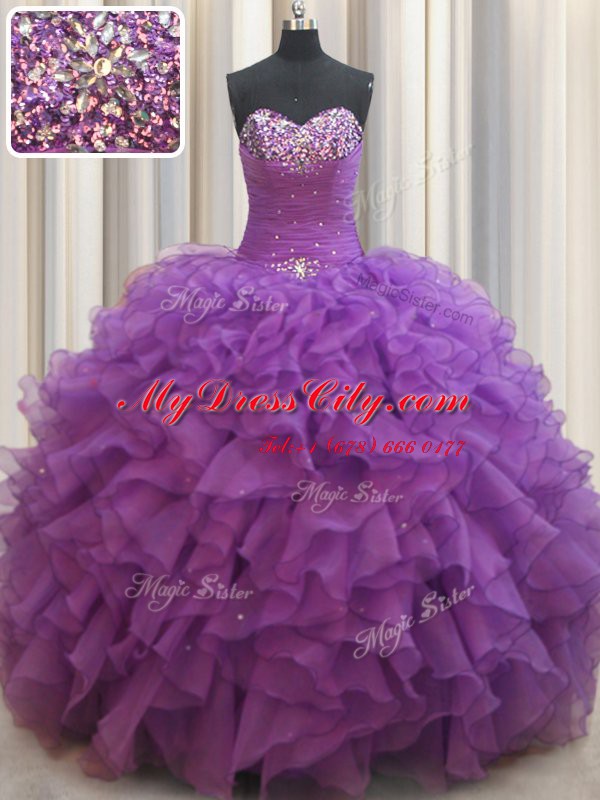 Clearance Beading and Ruffles Ball Gown Prom Dress Eggplant Purple Lace Up Sleeveless Floor Length