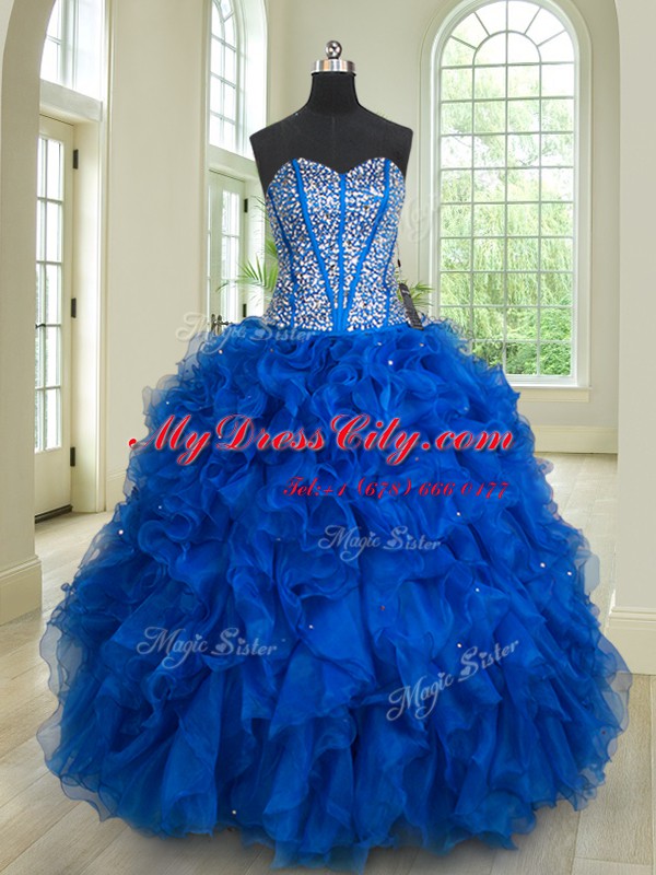 Exquisite Royal Blue Sleeveless Floor Length Beading and Ruffles Lace Up Quince Ball Gowns