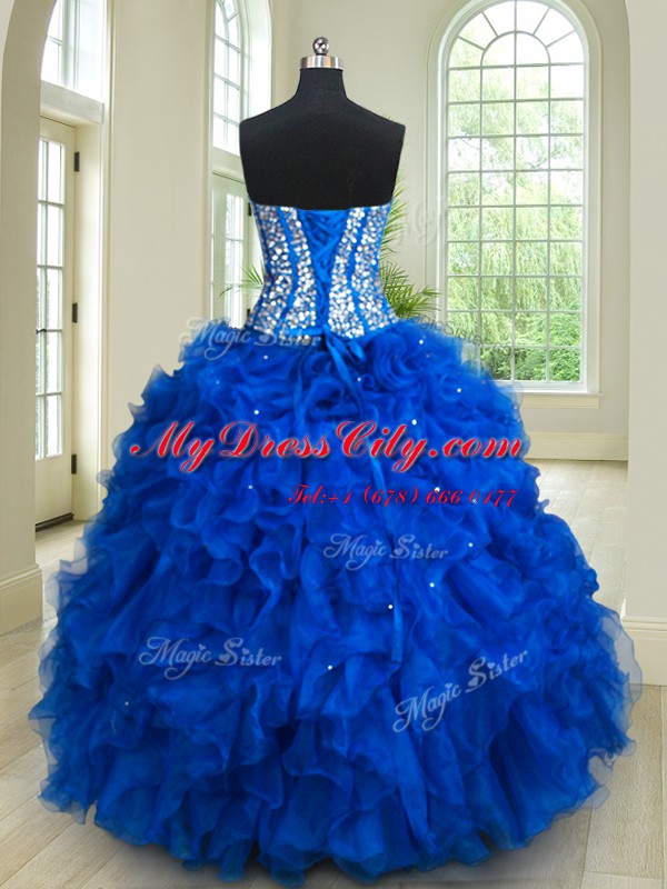 Exquisite Royal Blue Sleeveless Floor Length Beading and Ruffles Lace Up Quince Ball Gowns