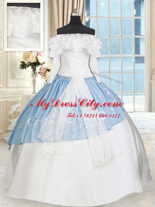 Luxury Blue And White Ball Gowns Off The Shoulder Long Sleeves Taffeta Floor Length Lace Up Lace and Bowknot Quinceanera Gowns