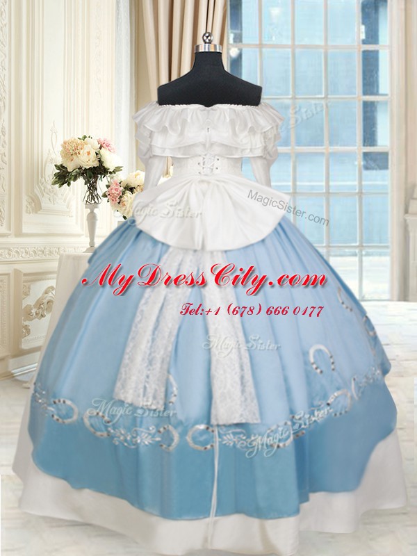 Luxury Blue And White Ball Gowns Off The Shoulder Long Sleeves Taffeta Floor Length Lace Up Lace and Bowknot Quinceanera Gowns