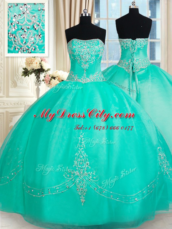 Strapless Sleeveless Quinceanera Dress Floor Length Beading and Appliques Turquoise Organza