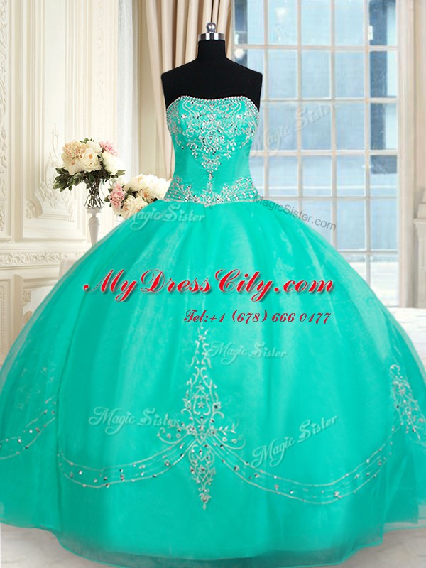 Strapless Sleeveless Quinceanera Dress Floor Length Beading and Appliques Turquoise Organza