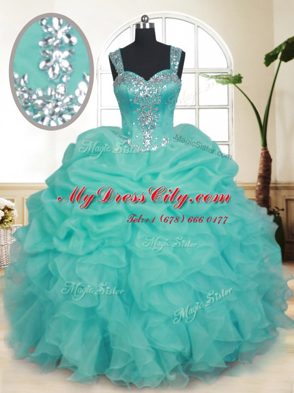 Pick Ups Floor Length Turquoise Quinceanera Gown Straps Sleeveless Zipper