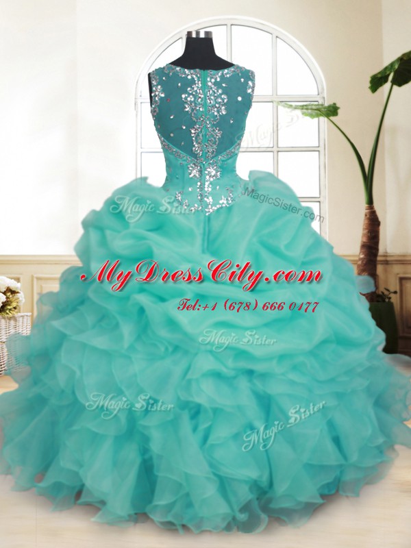 Pick Ups Floor Length Turquoise Quinceanera Gown Straps Sleeveless Zipper