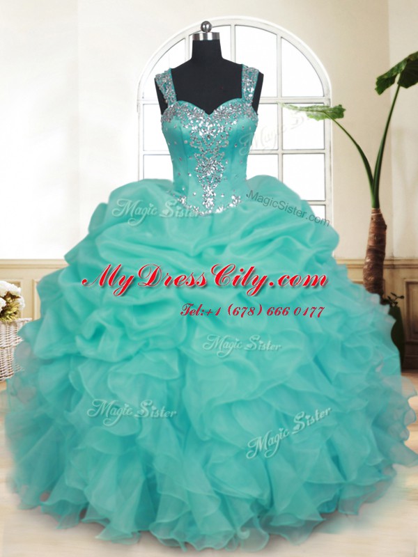 Pick Ups Floor Length Turquoise Quinceanera Gown Straps Sleeveless Zipper