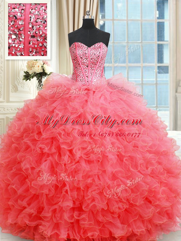 Fine Coral Red Ball Gowns Beading and Ruffles Quinceanera Gowns Lace Up Organza Sleeveless Floor Length