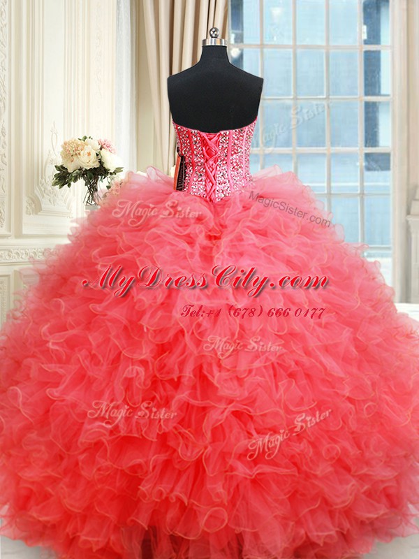 Fine Coral Red Ball Gowns Beading and Ruffles Quinceanera Gowns Lace Up Organza Sleeveless Floor Length