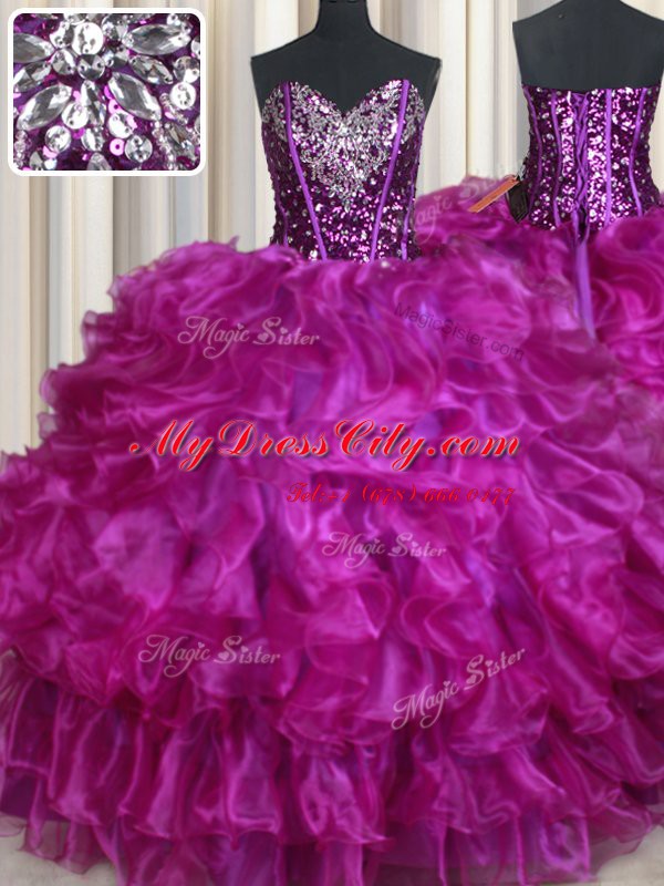 Dazzling Sequins Ball Gowns 15 Quinceanera Dress Purple Sweetheart Organza Sleeveless Floor Length Lace Up