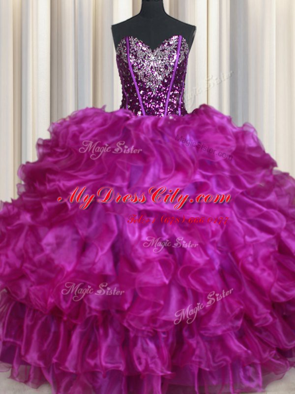 Dazzling Sequins Ball Gowns 15 Quinceanera Dress Purple Sweetheart Organza Sleeveless Floor Length Lace Up