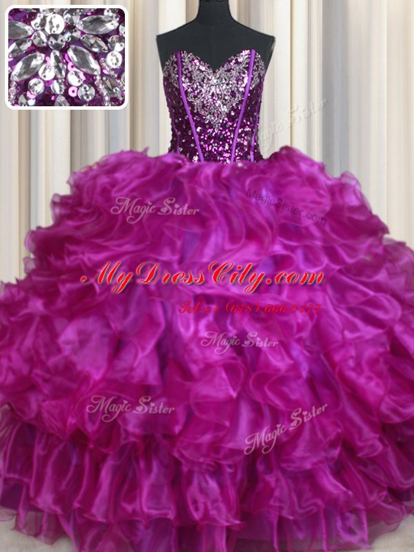 Dazzling Sequins Ball Gowns 15 Quinceanera Dress Purple Sweetheart Organza Sleeveless Floor Length Lace Up