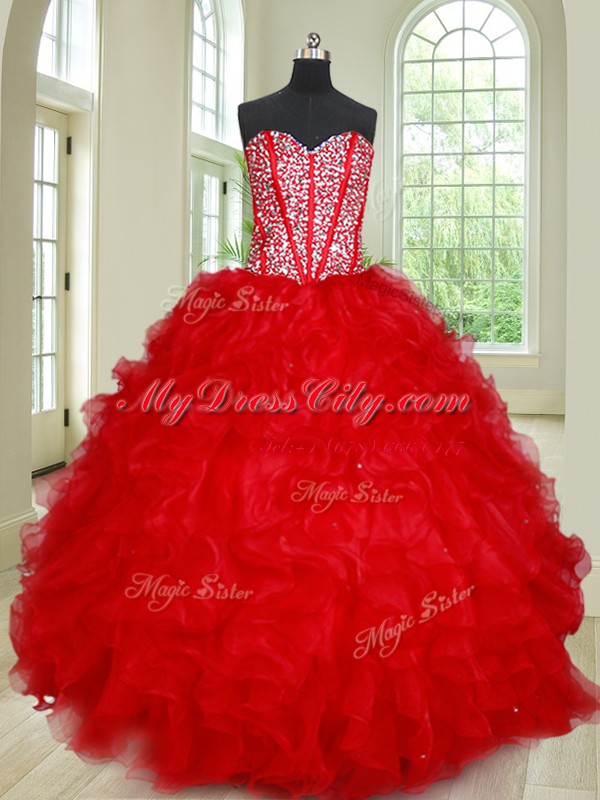 Low Price Floor Length Lace Up Vestidos de Quinceanera Red for Military Ball and Sweet 16 and Quinceanera with Beading and Ruffles