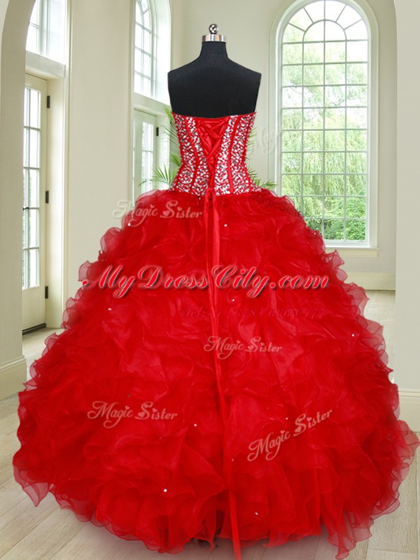 Low Price Floor Length Lace Up Vestidos de Quinceanera Red for Military Ball and Sweet 16 and Quinceanera with Beading and Ruffles