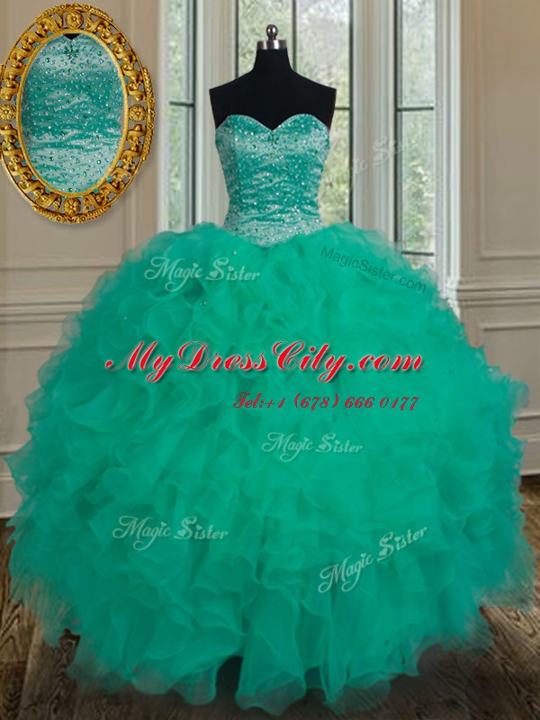 Attractive Turquoise Ball Gowns Organza Sweetheart Sleeveless Beading and Ruffles Floor Length Lace Up Quince Ball Gowns