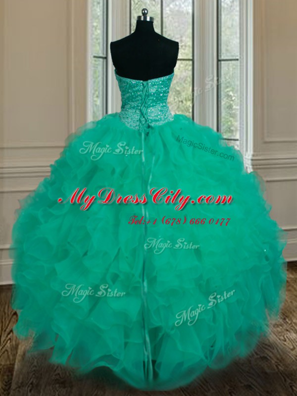 Attractive Turquoise Ball Gowns Organza Sweetheart Sleeveless Beading and Ruffles Floor Length Lace Up Quince Ball Gowns