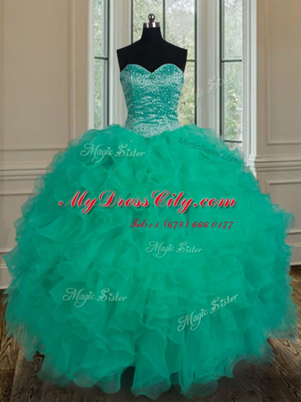 Attractive Turquoise Ball Gowns Organza Sweetheart Sleeveless Beading and Ruffles Floor Length Lace Up Quince Ball Gowns