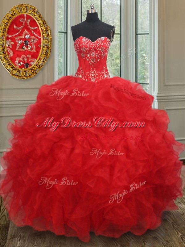 Inexpensive Red Organza Lace Up Sweetheart Sleeveless Floor Length Quince Ball Gowns Beading and Ruffles