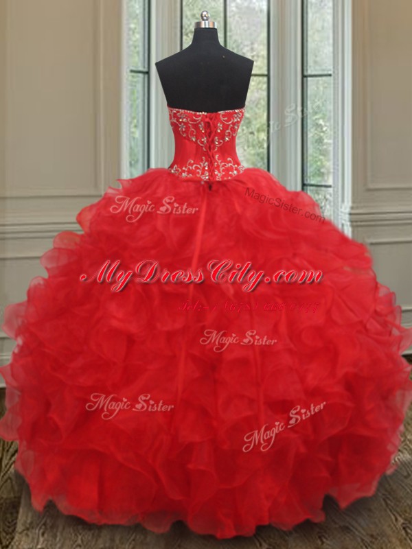 Inexpensive Red Organza Lace Up Sweetheart Sleeveless Floor Length Quince Ball Gowns Beading and Ruffles