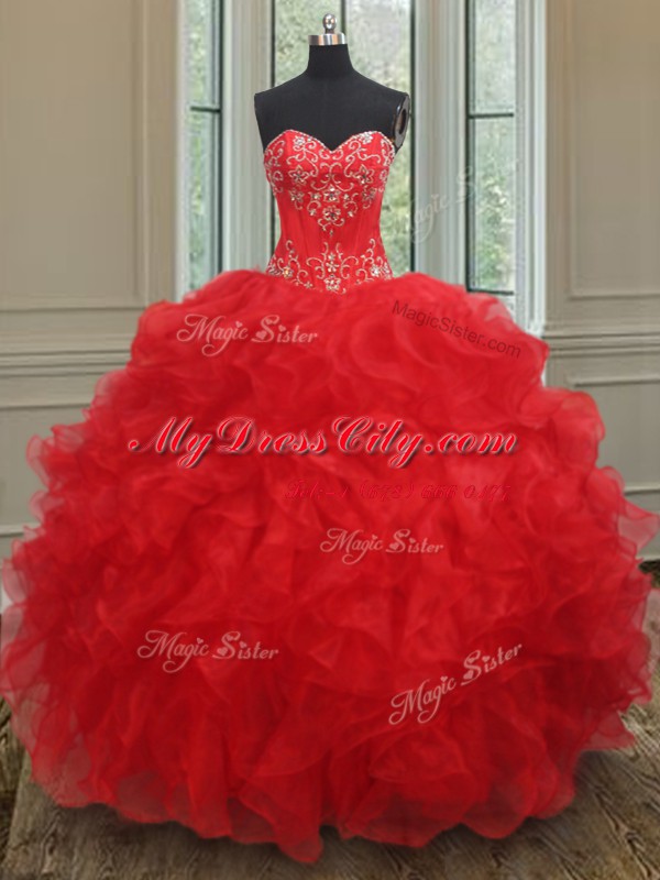 Inexpensive Red Organza Lace Up Sweetheart Sleeveless Floor Length Quince Ball Gowns Beading and Ruffles