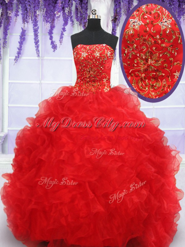 Red Ball Gowns Beading and Embroidery and Ruffles Vestidos de Quinceanera Lace Up Organza Sleeveless Floor Length