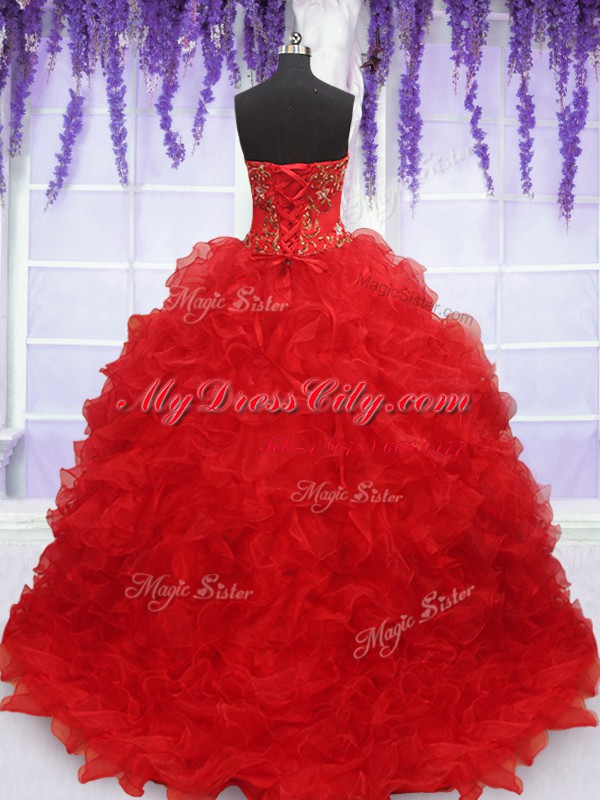 Red Ball Gowns Beading and Embroidery and Ruffles Vestidos de Quinceanera Lace Up Organza Sleeveless Floor Length