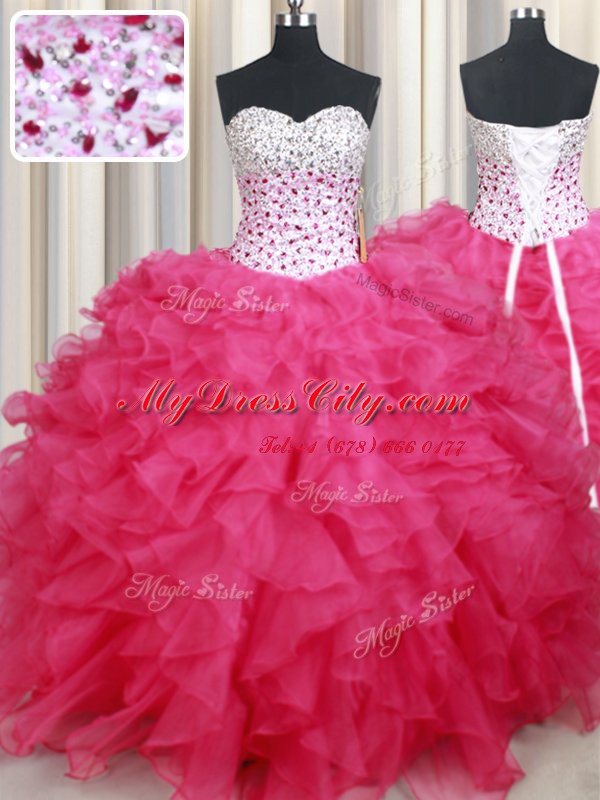 Dynamic Sweetheart Sleeveless Organza Quince Ball Gowns Beading and Ruffles Lace Up