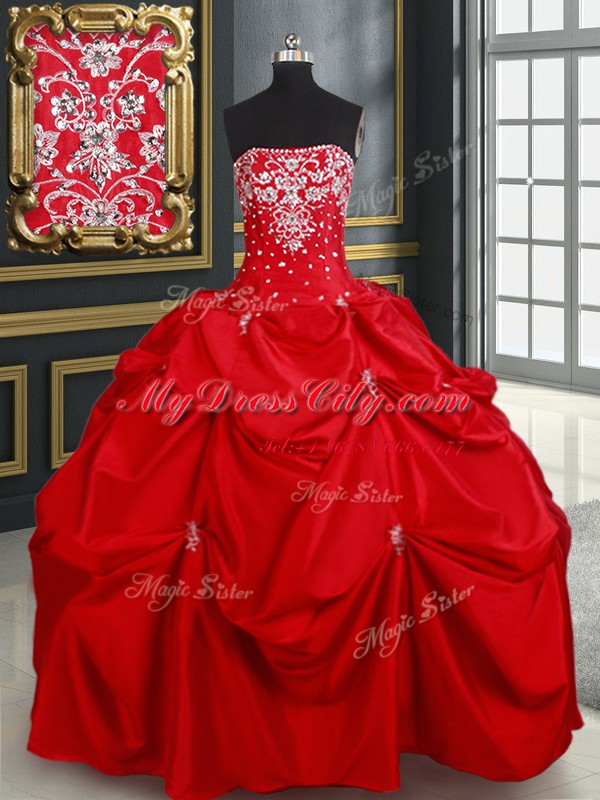 Red Strapless Lace Up Beading and Pick Ups Sweet 16 Quinceanera Dress Sleeveless