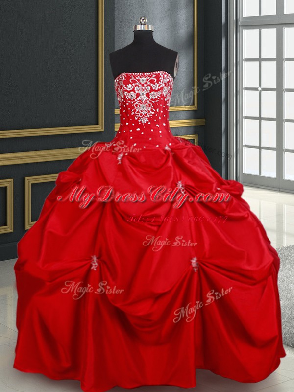 Red Strapless Lace Up Beading and Pick Ups Sweet 16 Quinceanera Dress Sleeveless