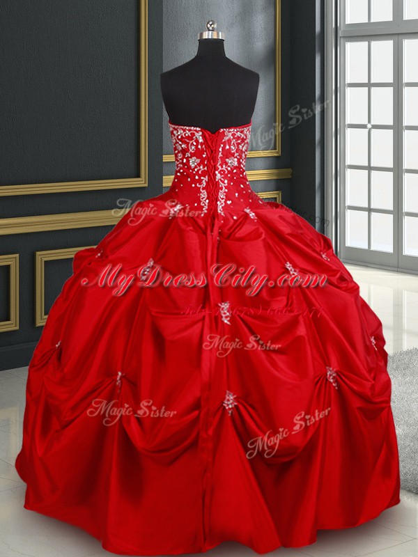 Red Strapless Lace Up Beading and Pick Ups Sweet 16 Quinceanera Dress Sleeveless