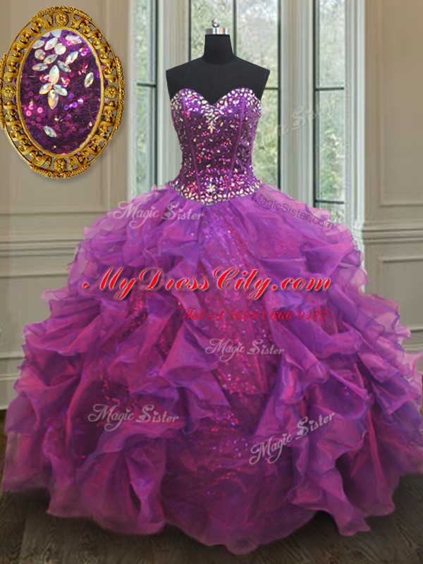 Popular Purple Quinceanera Dress Military Ball and Sweet 16 and Quinceanera and For with Beading and Ruffles and Sequins Sweetheart Sleeveless Lace Up