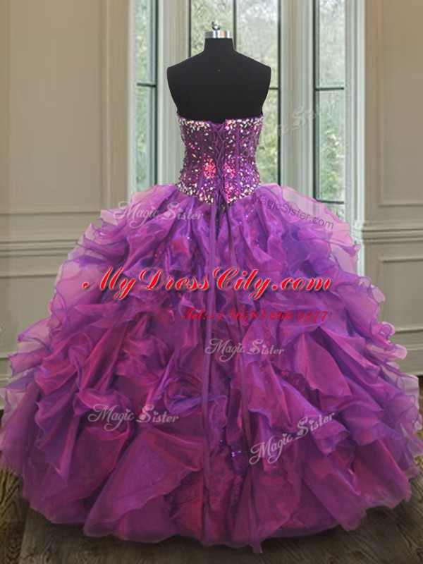 Popular Purple Quinceanera Dress Military Ball and Sweet 16 and Quinceanera and For with Beading and Ruffles and Sequins Sweetheart Sleeveless Lace Up