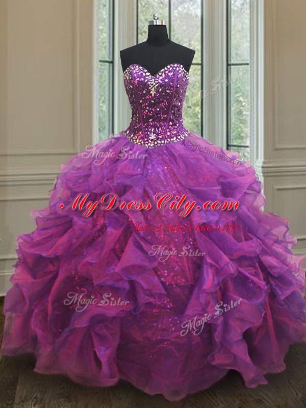 Popular Purple Quinceanera Dress Military Ball and Sweet 16 and Quinceanera and For with Beading and Ruffles and Sequins Sweetheart Sleeveless Lace Up