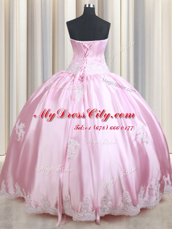 Luxurious Baby Pink Ball Gowns Taffeta Strapless Sleeveless Appliques Floor Length Lace Up Sweet 16 Dress