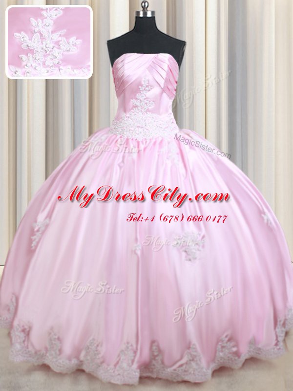 Luxurious Baby Pink Ball Gowns Taffeta Strapless Sleeveless Appliques Floor Length Lace Up Sweet 16 Dress