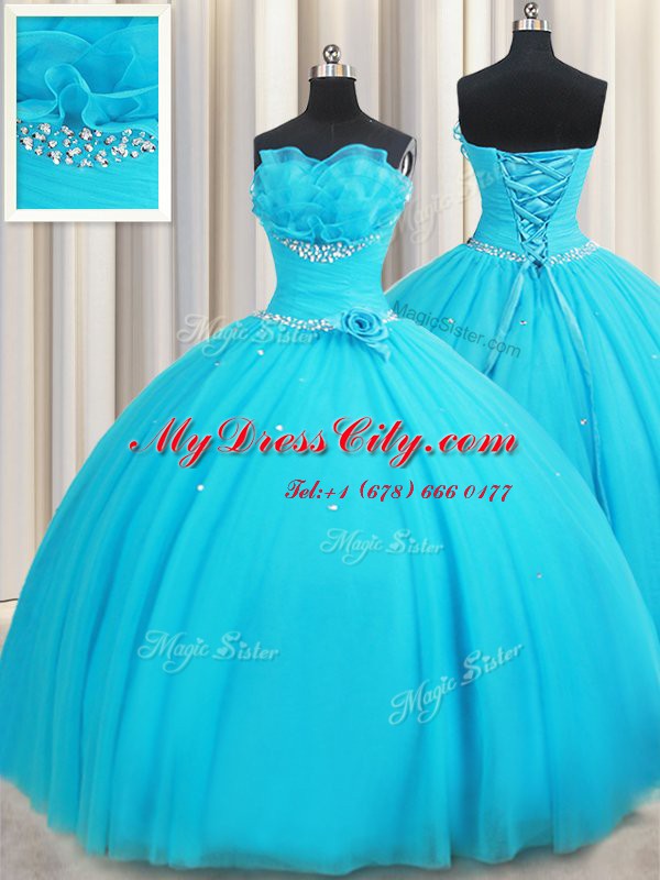 Ideal Floor Length Ball Gowns Sleeveless Aqua Blue Sweet 16 Dresses Lace Up