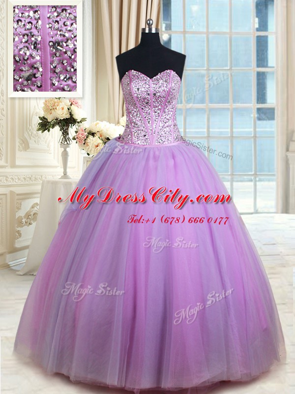 Unique Lavender Sleeveless Beading Floor Length Quince Ball Gowns