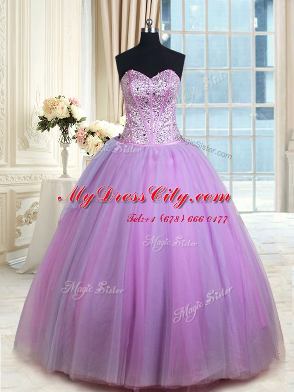 Unique Lavender Sleeveless Beading Floor Length Quince Ball Gowns