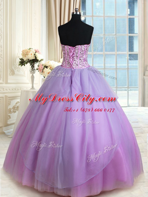 Unique Lavender Sleeveless Beading Floor Length Quince Ball Gowns